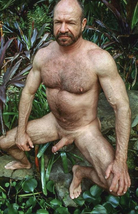 Mature hairy chested dude showing and jerking off in the garden #76922368