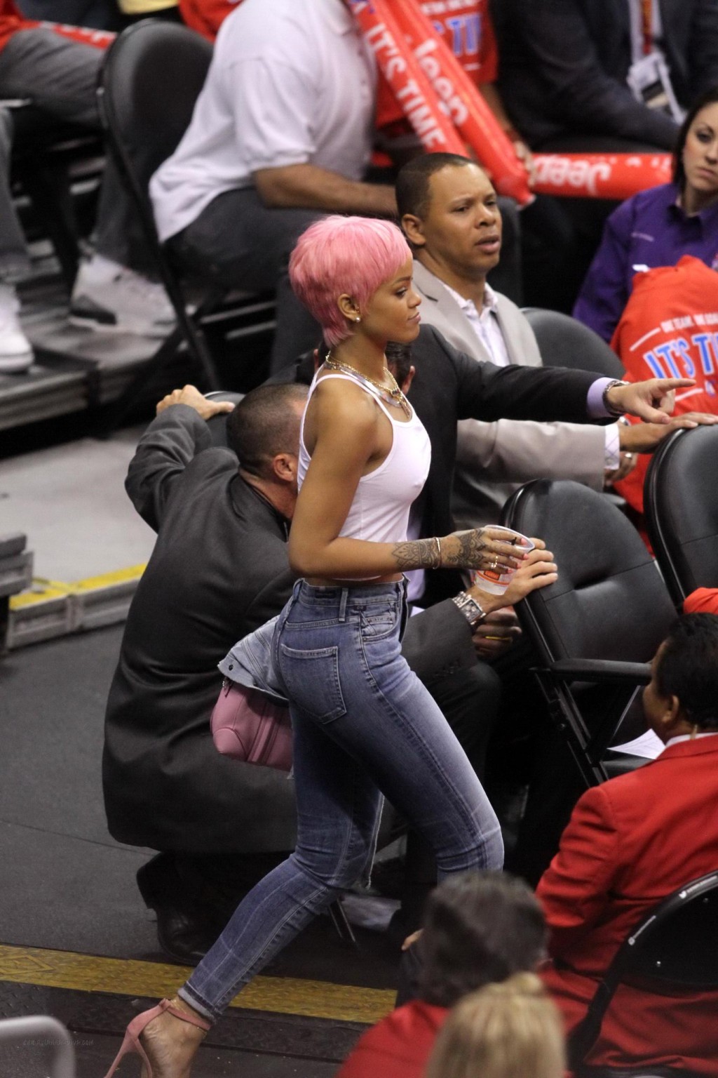 Rihanna braless wearing a white top at the Clippers game in LA #75196218