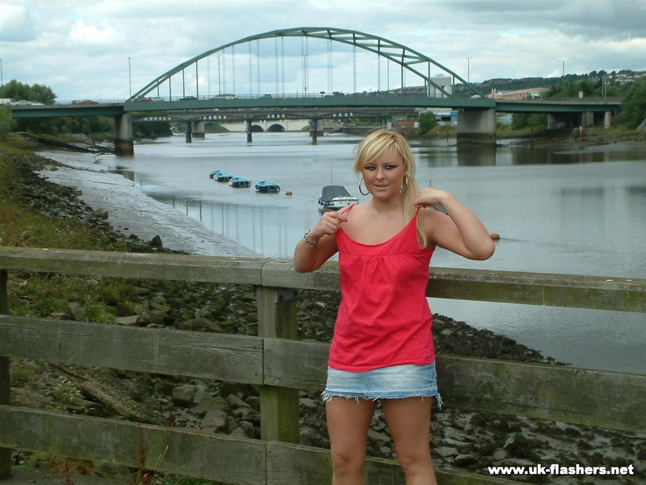 Busty teen blonde flashing and playing with pussy in public by a bridge in the m
 #78889328