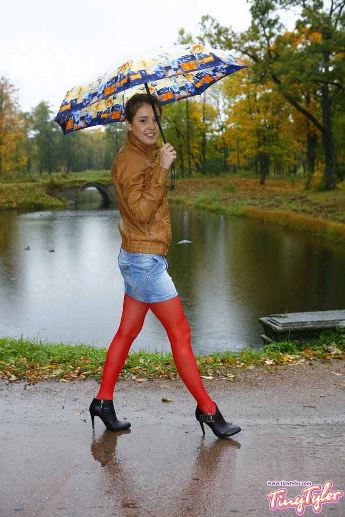 Eighteen year old flashes outdoors in red nylons #78604108