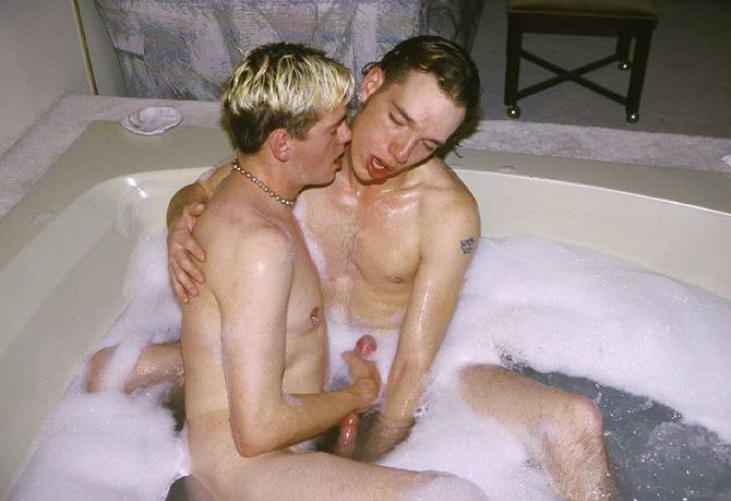 Blond and dark haired buds sucking treat while taking a bath #76971546