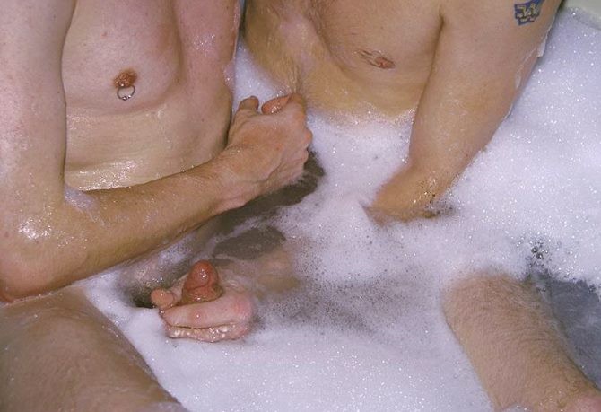 Blond and dark haired buds sucking treat while taking a bath #76971567