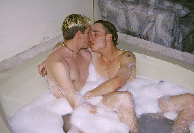 Blond and dark haired buds sucking treat while taking a bath #76971583