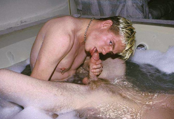Blond and dark haired buds sucking treat while taking a bath #76971638