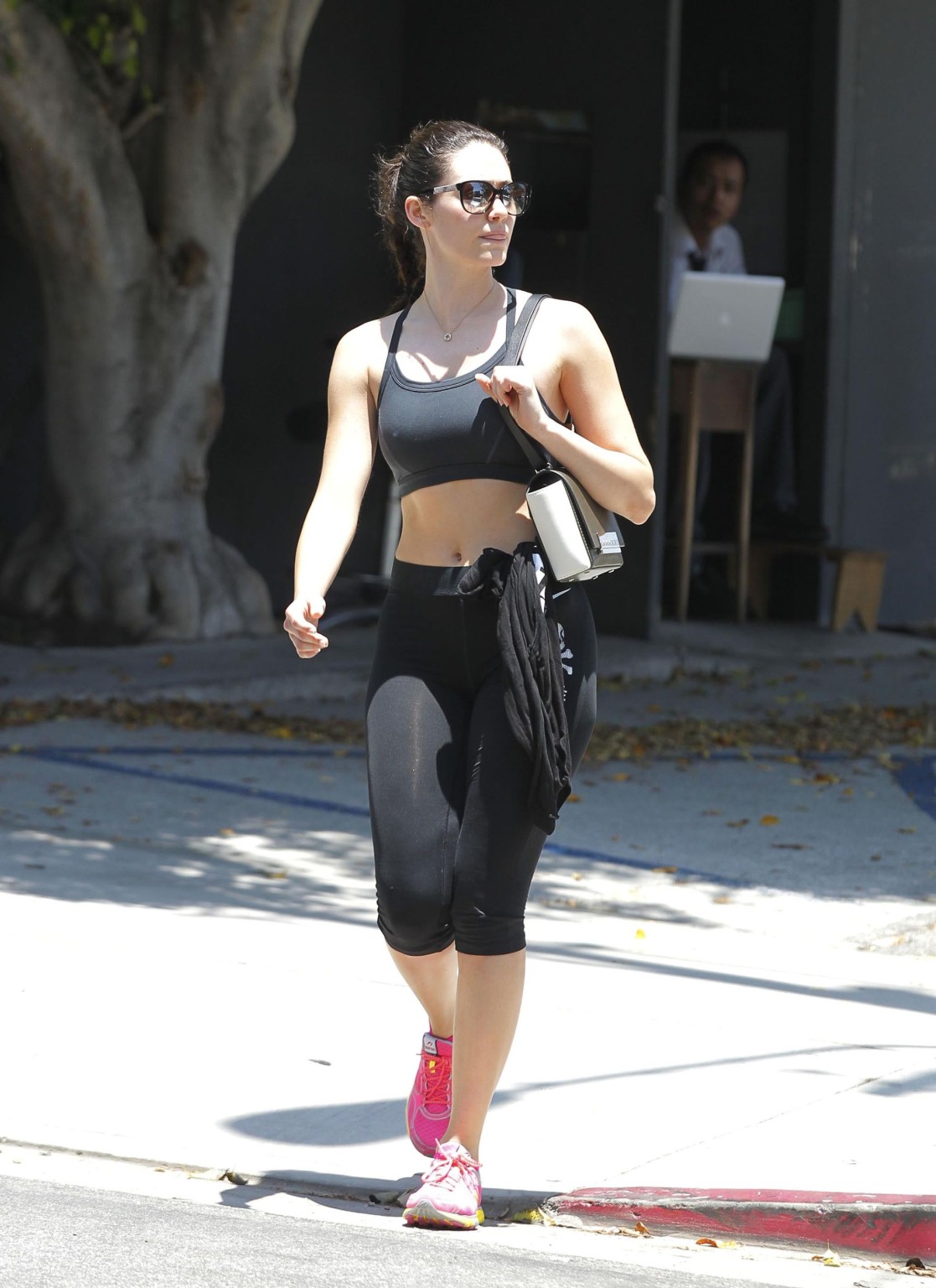 Emmy Rossum shows pokies in a black sports bra leaving a gym in Beverly Hills #75191473