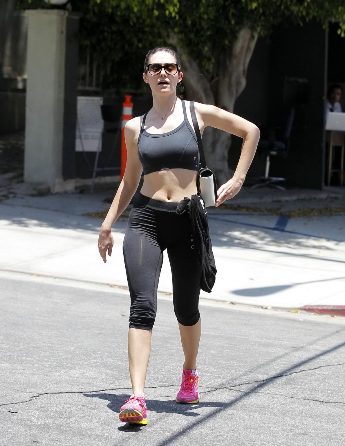 Emmy Rossum shows pokies in a black sports bra leaving a gym in Beverly Hills #75191545