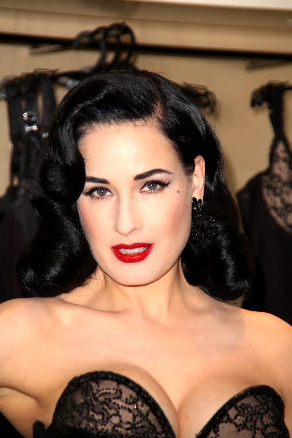 Dita von Teese showing huge cleavage at her lingerie line launch in NYC