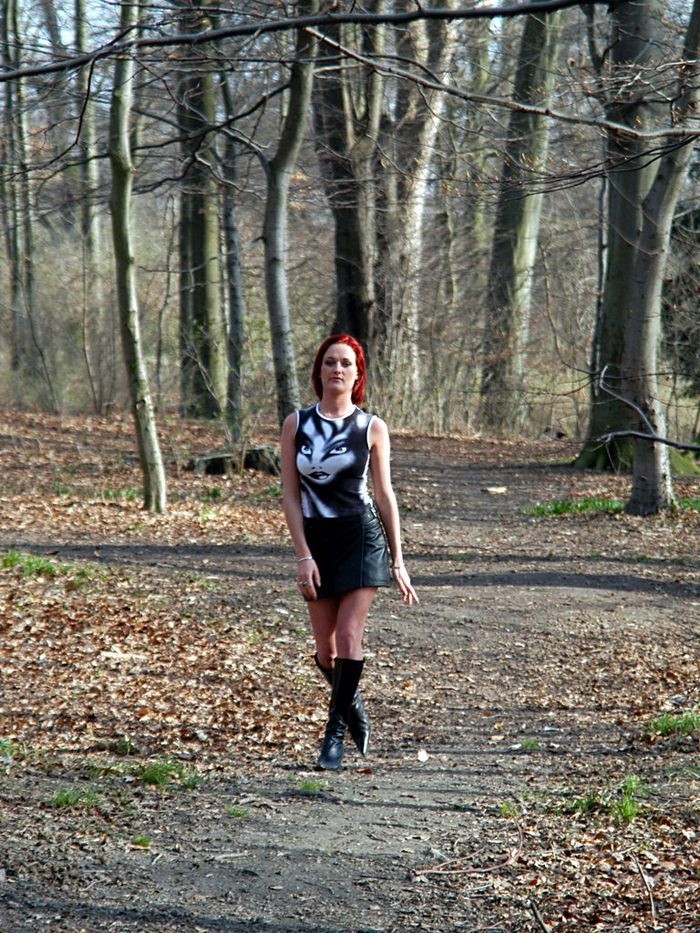 Cute redhead giving blowjob in the woods and getting fucked outdoors #78612877