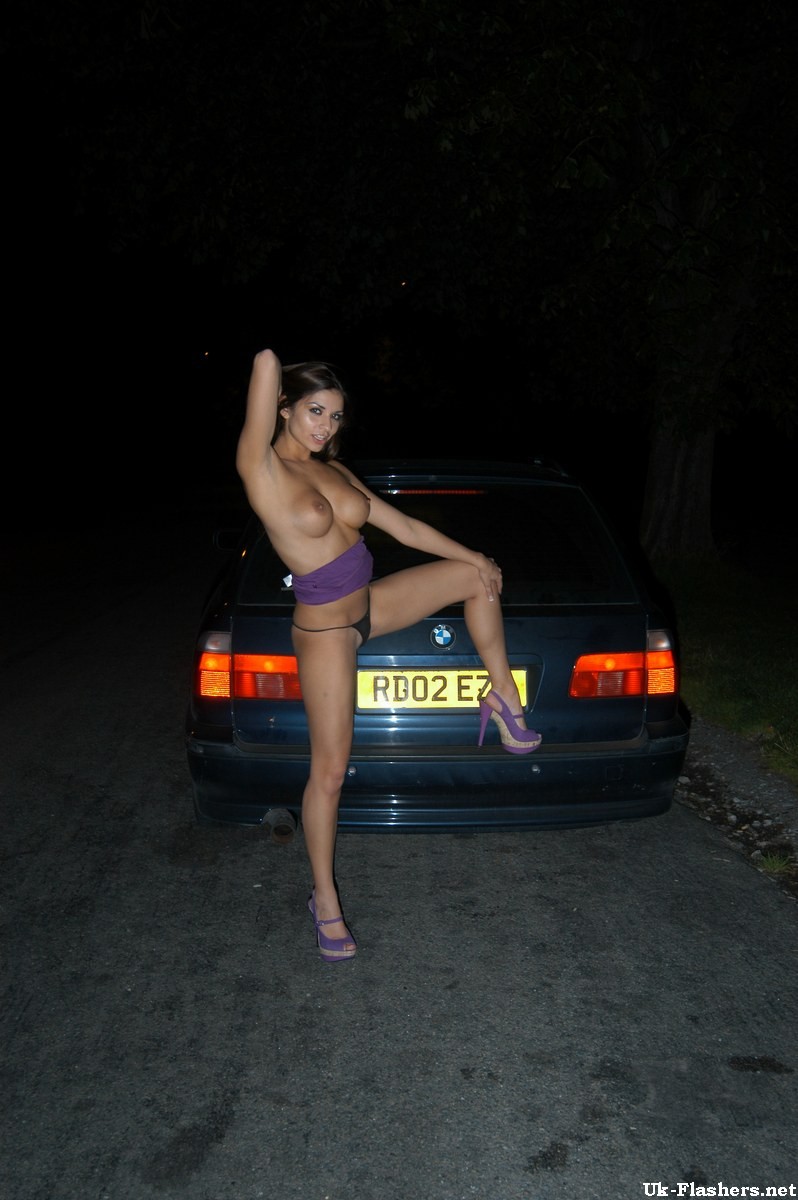 Cute amateur flashing outdoors at night on a car #67458488