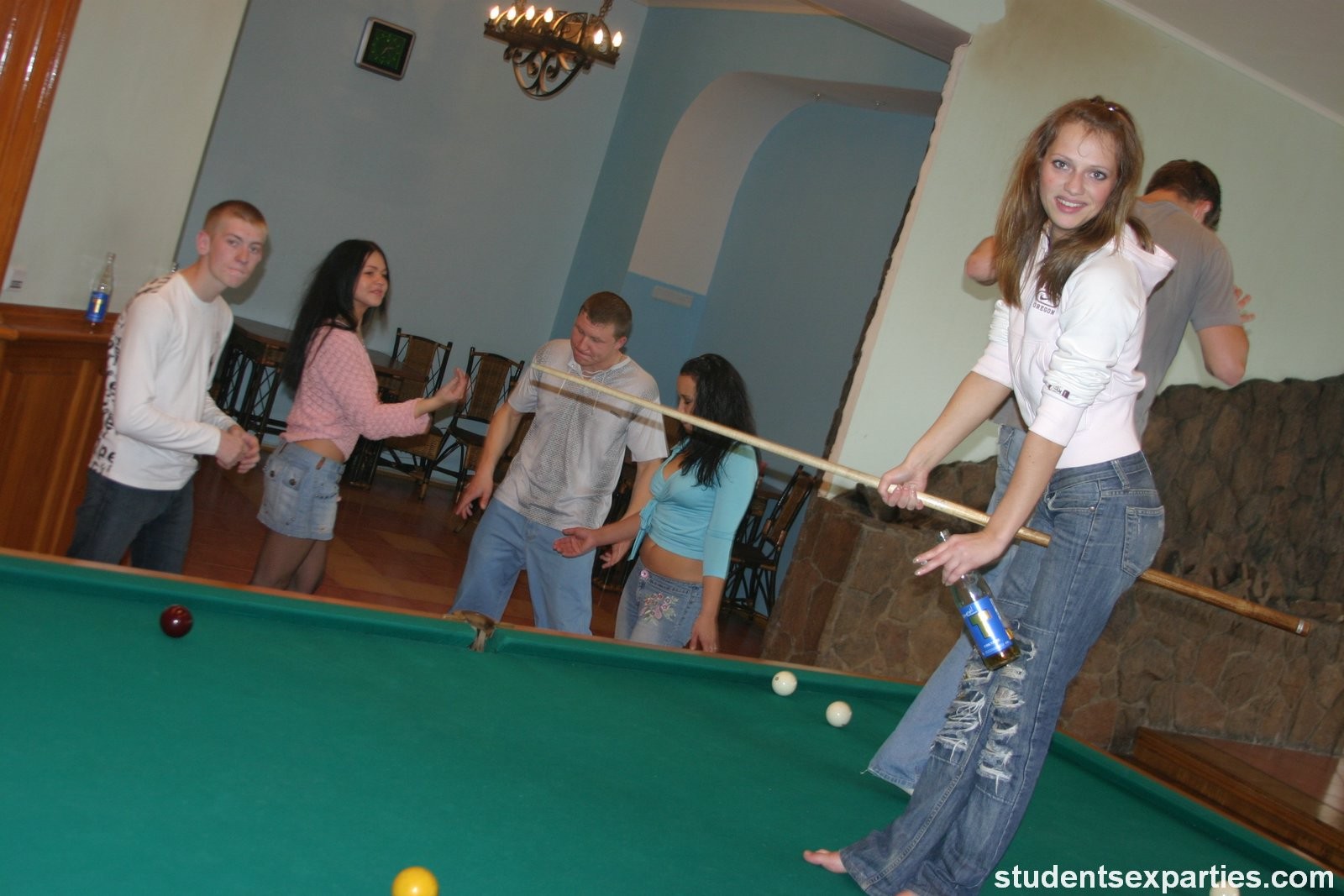 Three teen girls take part in student sex party in billiard club #76825003