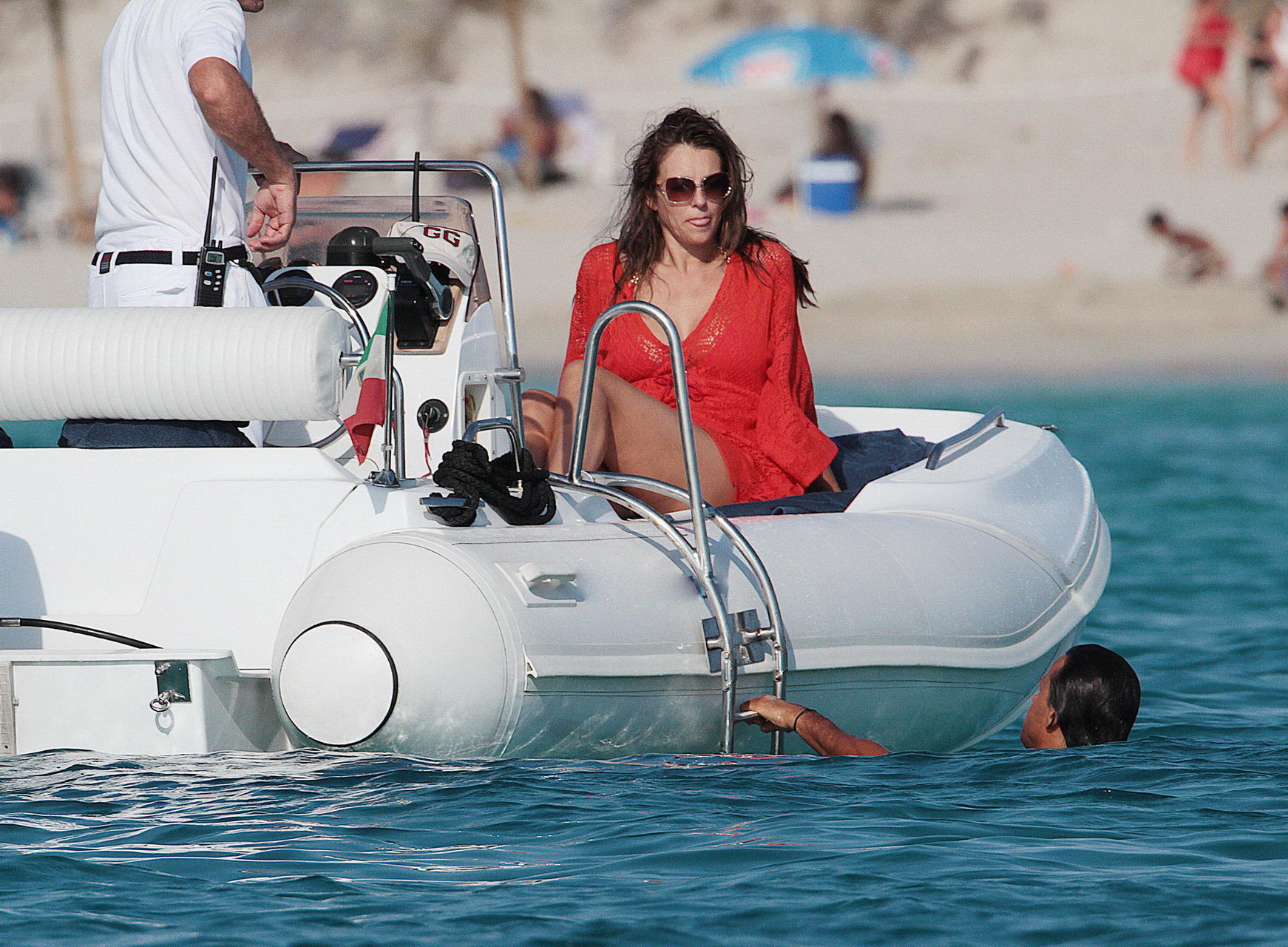 Elizabeth Hurley busty  ass shots wearing swimsuit on Valentino's yacht in Ibiza #75338008