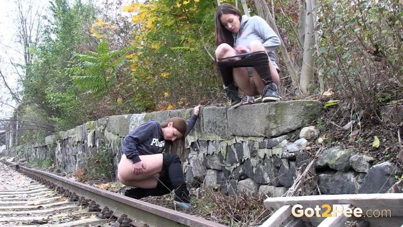 Girlfriends beide müssen pissen, während sie draußen gehen
 #67476458