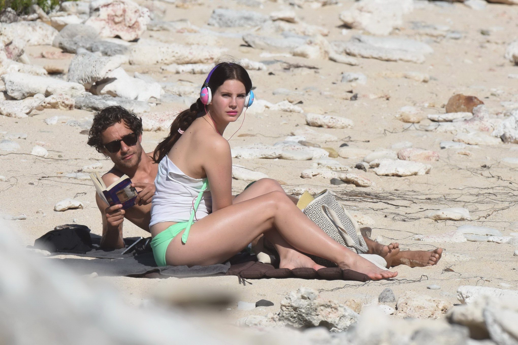 Lana Del Rey wearing green bikini at the beach in StBarts #75176859