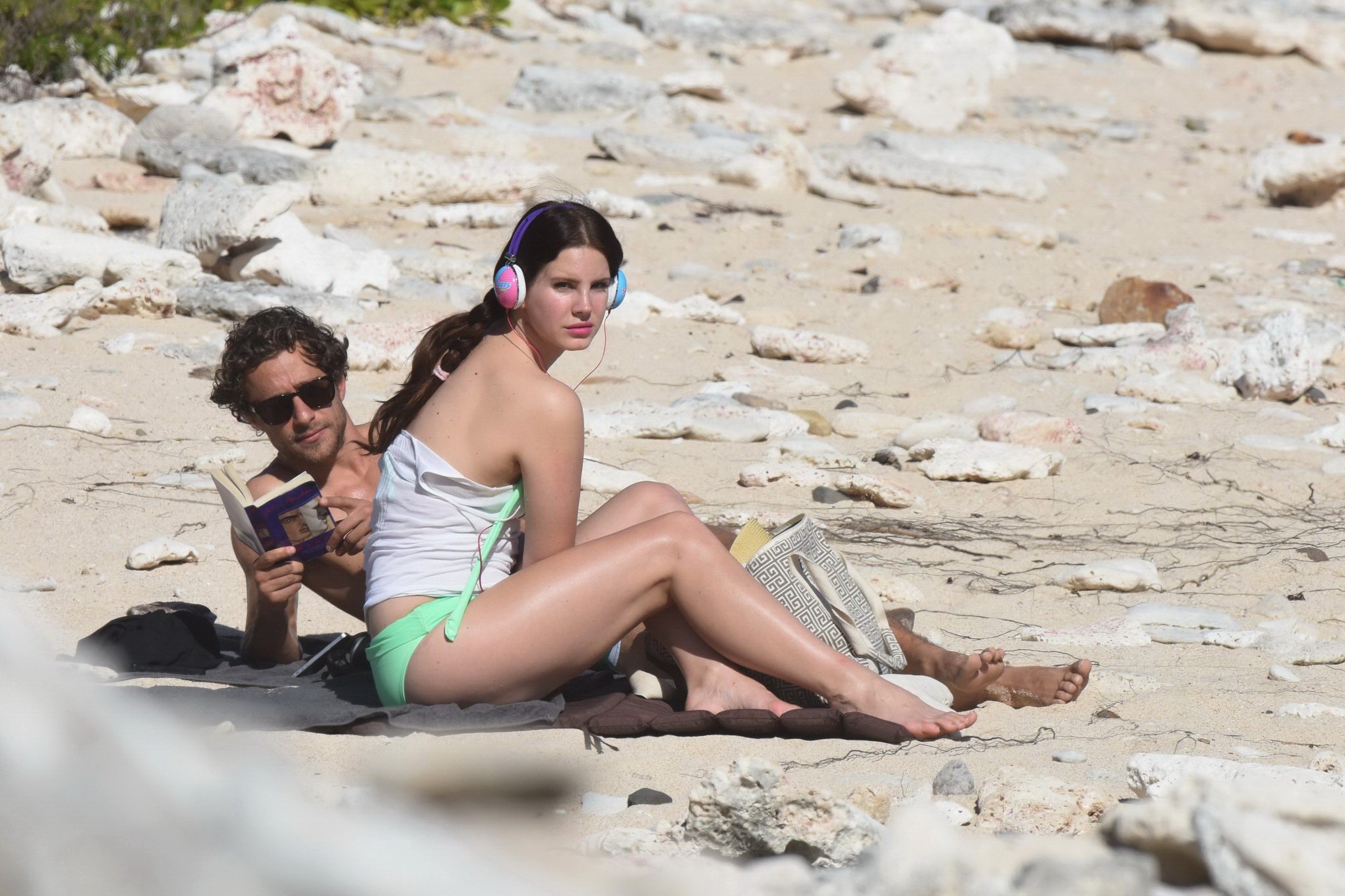 Lana Del Rey wearing green bikini at the beach in StBarts #75176866
