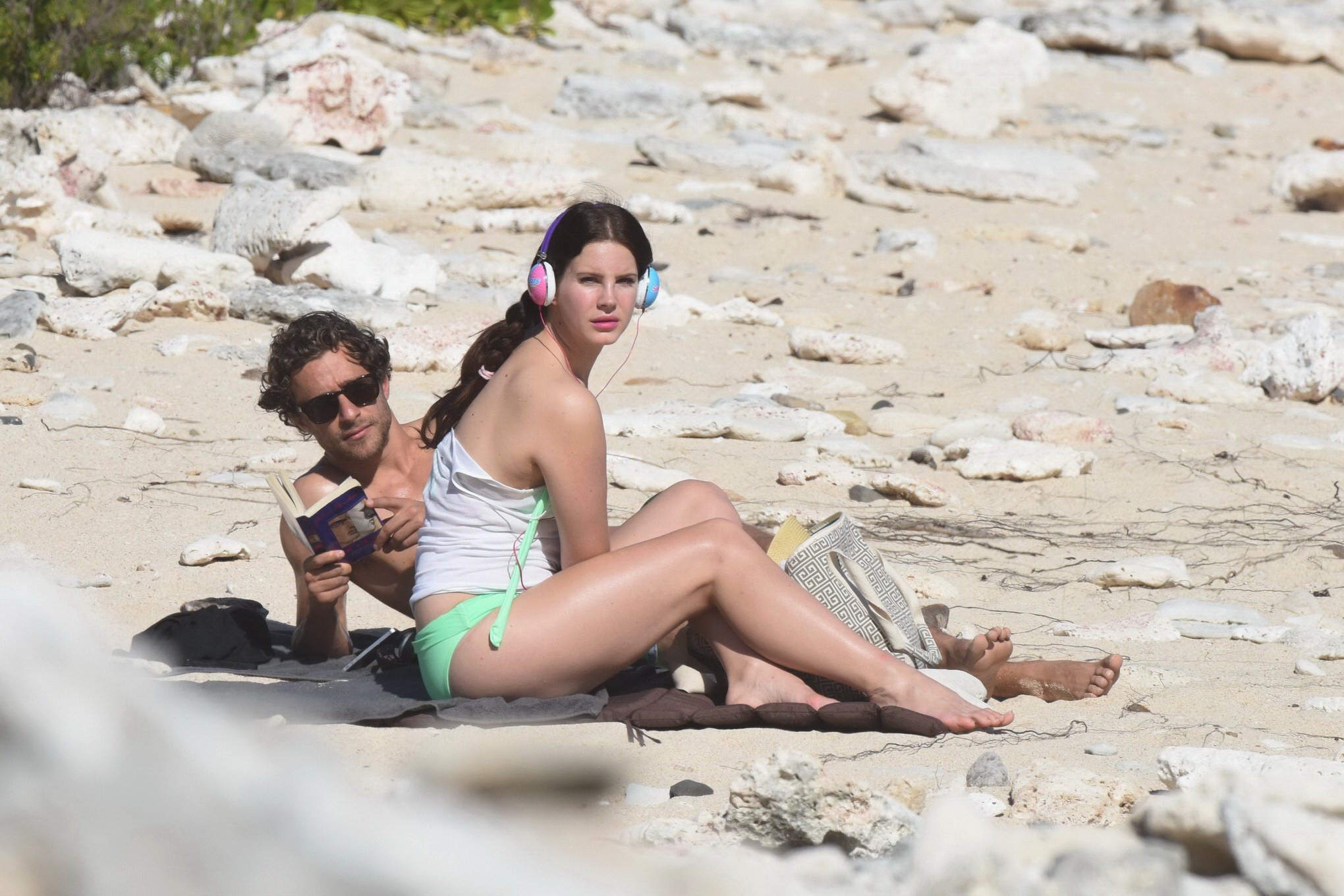 Lana Del Rey wearing green bikini at the beach in StBarts #75176871