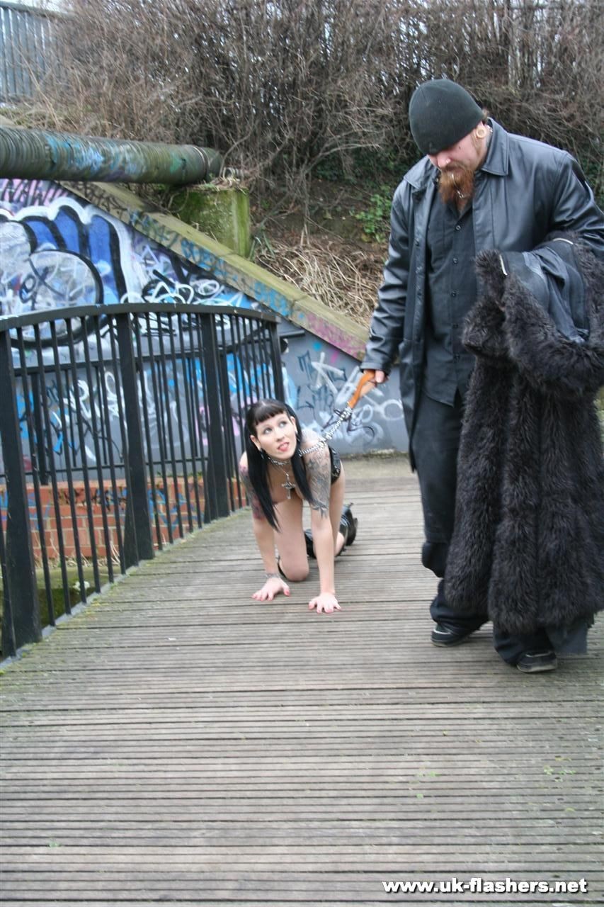 Goth babe Thorn in kinky outdoor fetish walked on a leash and displayed nude to  #76544699