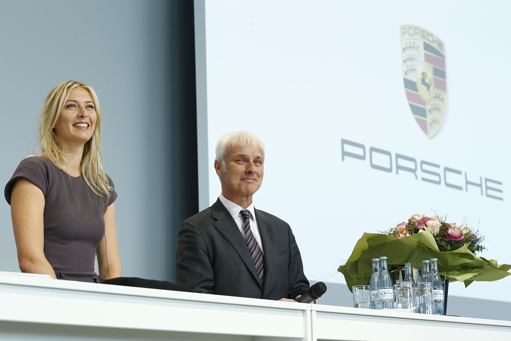 Maria Sharapova looks hot wearing a tight gray dress at the Porche event in Stut #75234368