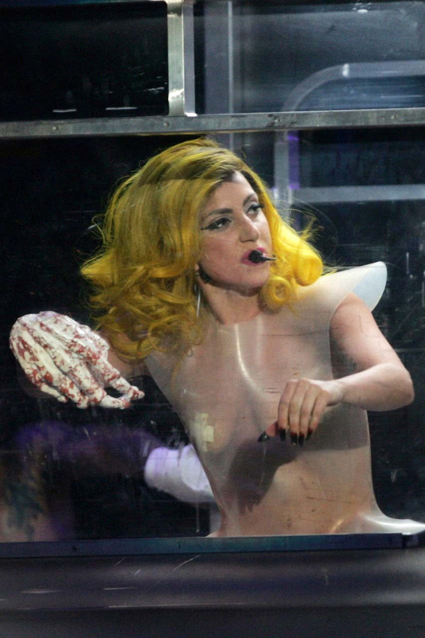 Lady Gaga exposing her tits in see thru dress on stage paparazzi pictures #75316104