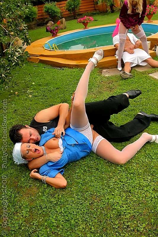 Two clothed blondes get fucked hard in the garden  #76884672