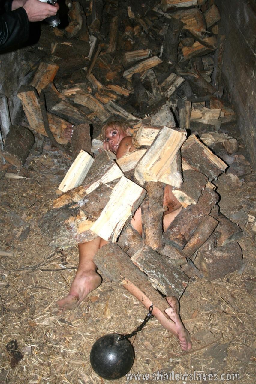 Trabajo de esclavo sucio de subbie rubia cortando madera
 #73216858