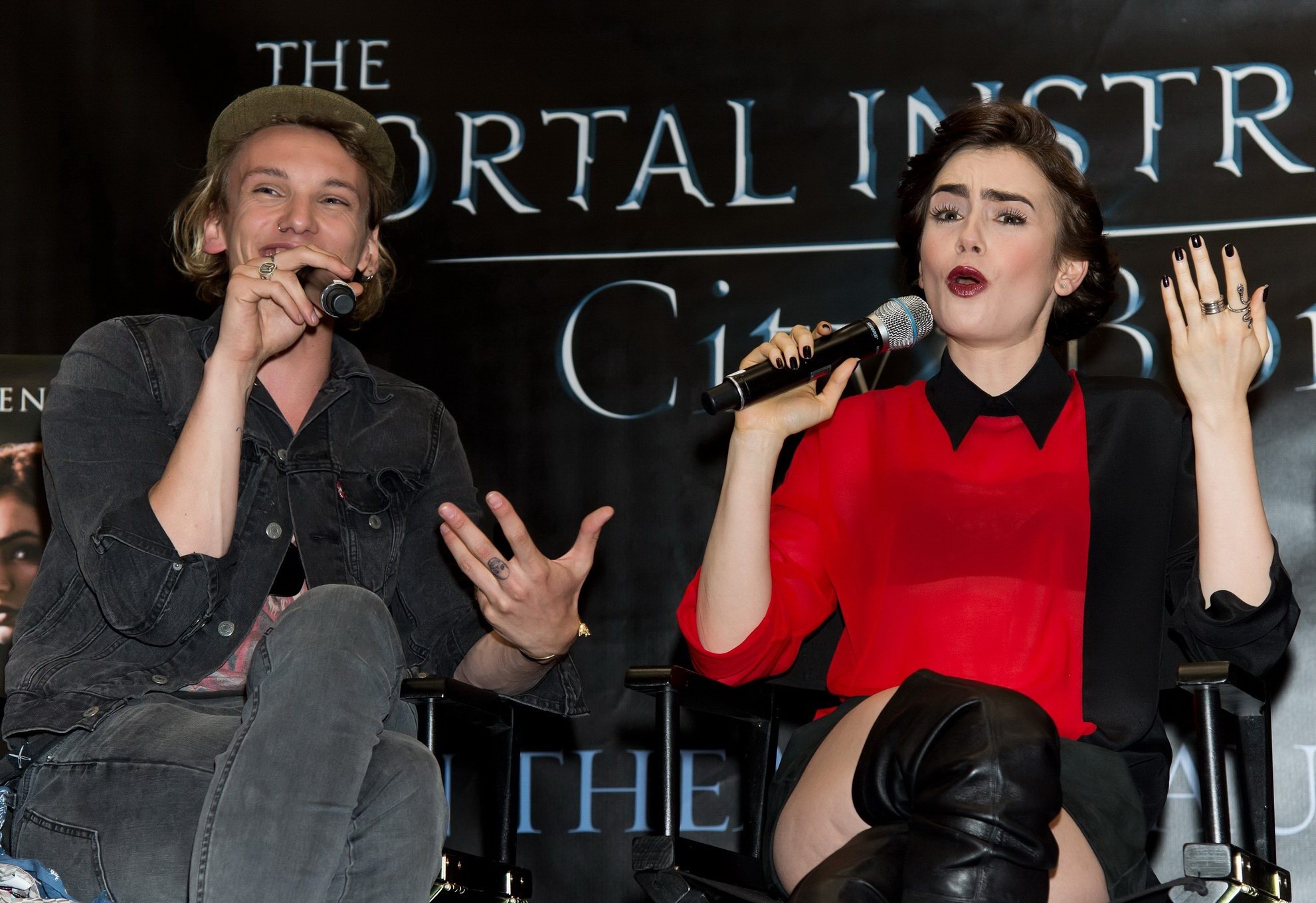 Lily Collins leggy and see-through to bra at The Mortal Instruments signing in P #75222851