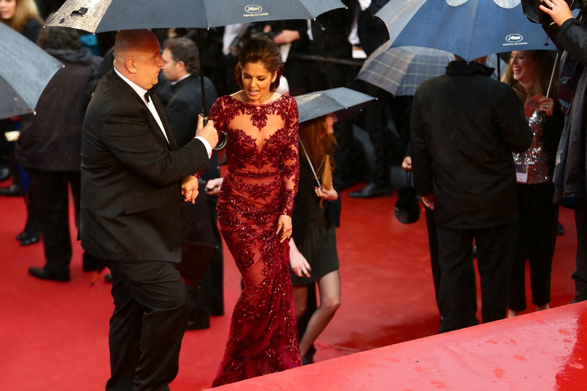 Cheryl Cole braless wearing red partially see-through maxi dress at the Jimmy P  #75232258