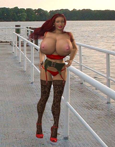 Busty 3D redhead strips outdoors to show her big natural tits #67050544