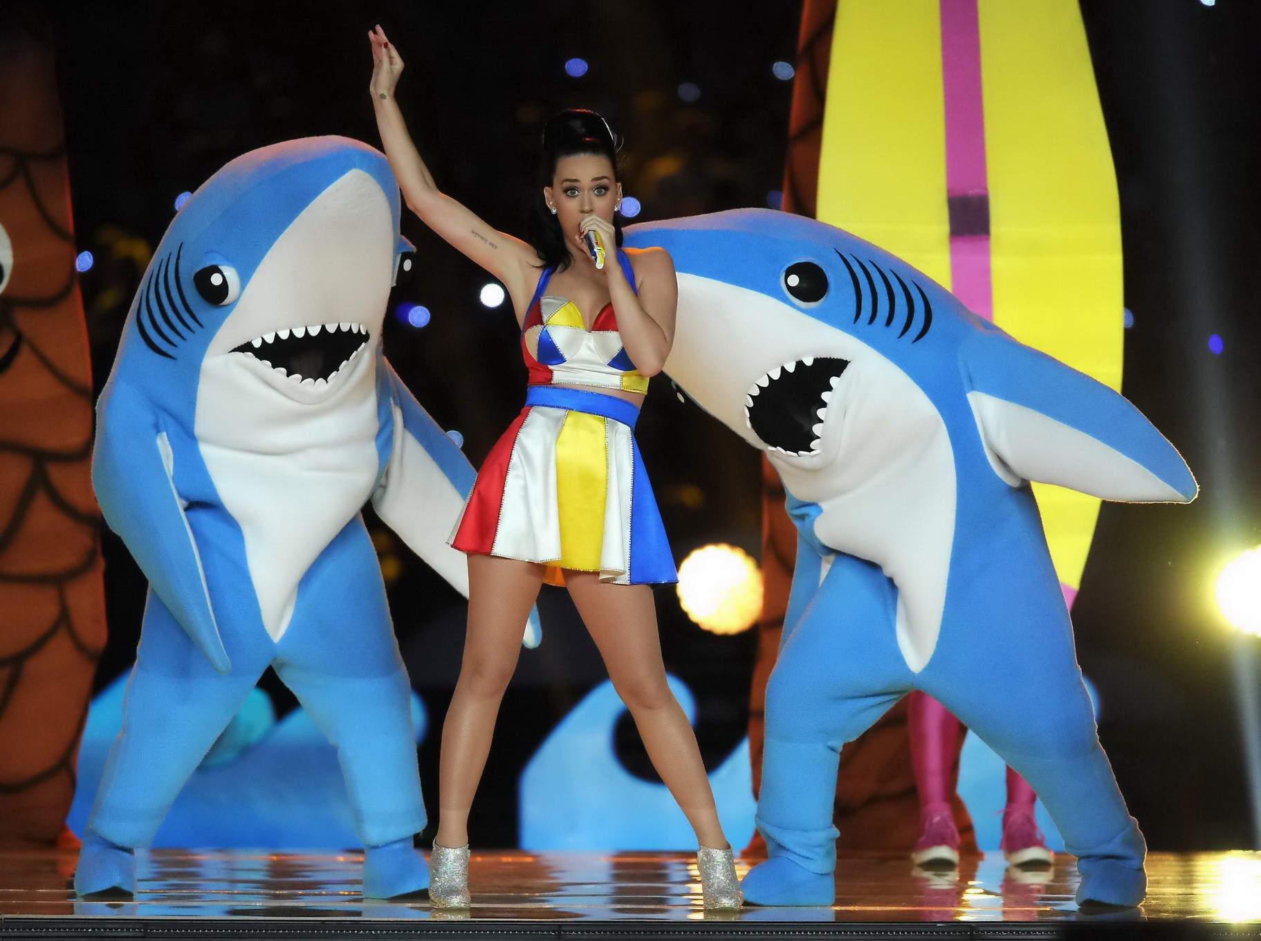 Katy Perry busty and leggy in tiny colorful mini dress performing on Super Bowl  #75174181