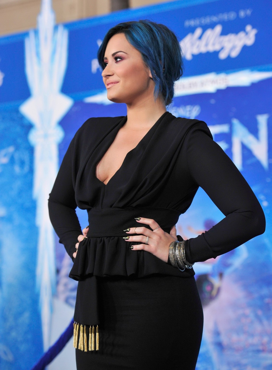 Demi Lovato braless showing big cleavage in a tight black outfit at the Frozen p #75212420