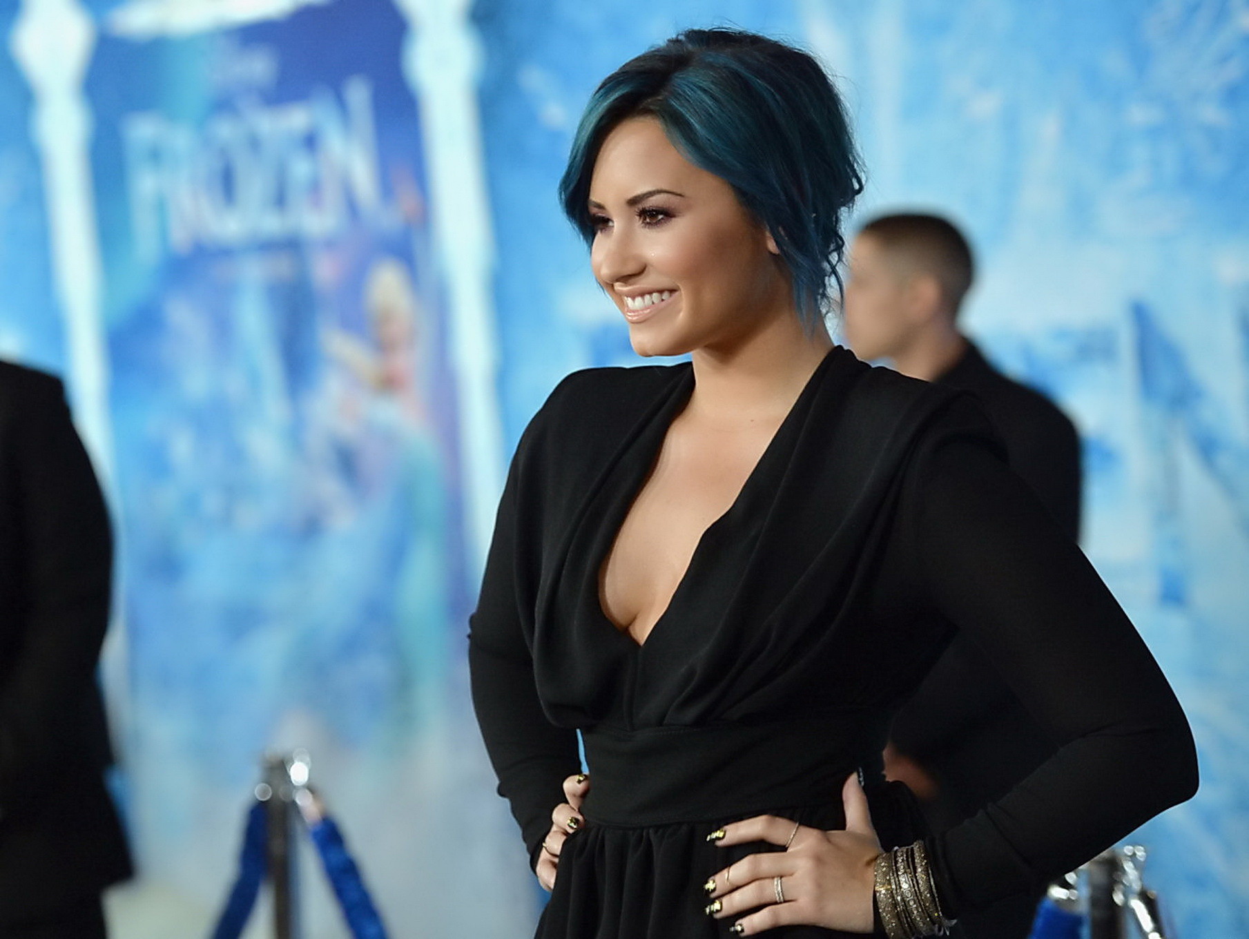 Demi Lovato braless showing big cleavage in a tight black outfit at the Frozen p #75212426