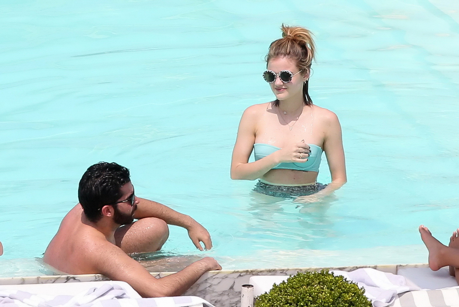 Lucy Hale busty in strapless bikini set at the pool #75145256