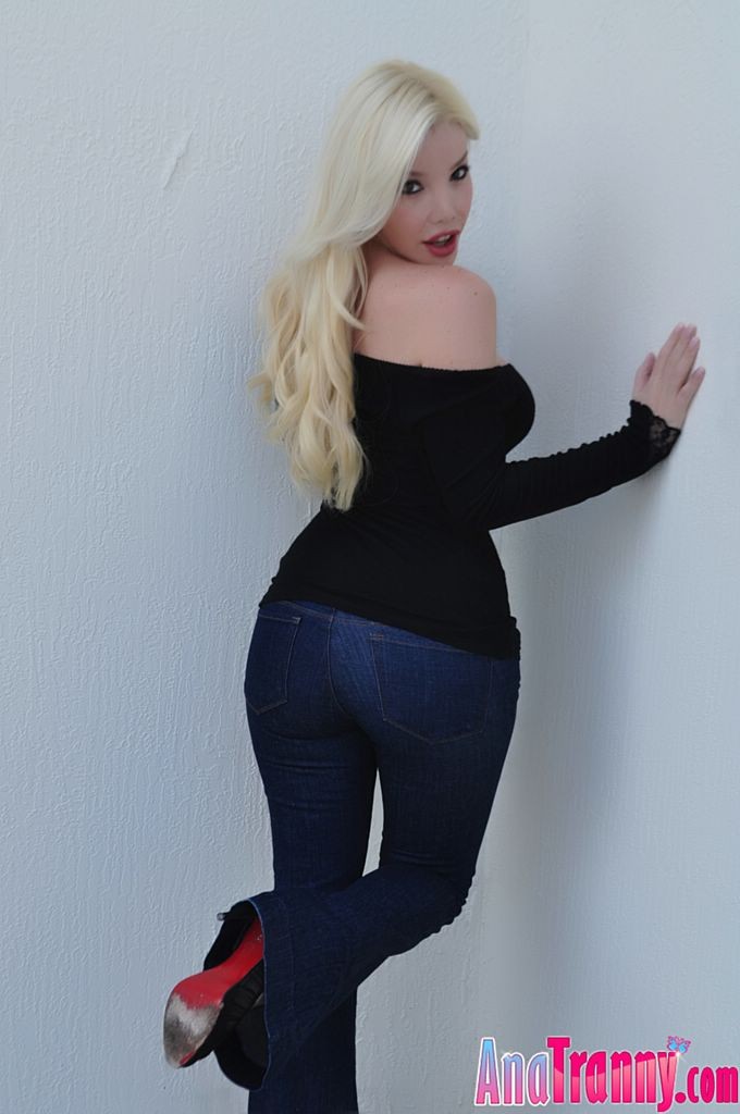 Gorgeous blonde transsexual model in tight ass jeans #79122782