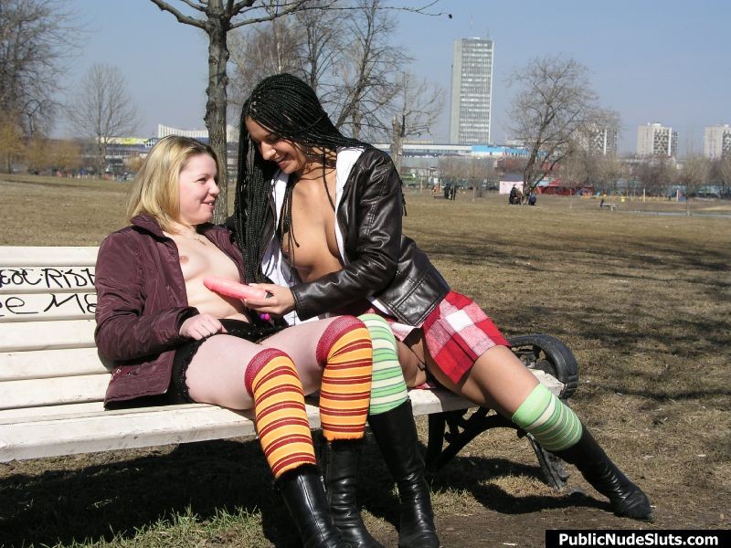Two impudent lesbians firing each other up and toying on the bench #76741270