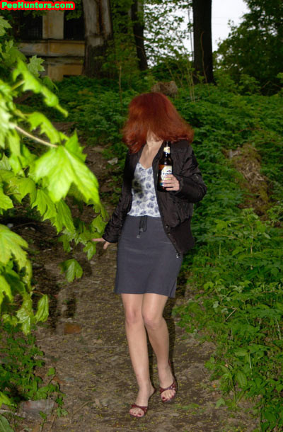 Redhead slut peeing near river after beer drinking #78616681