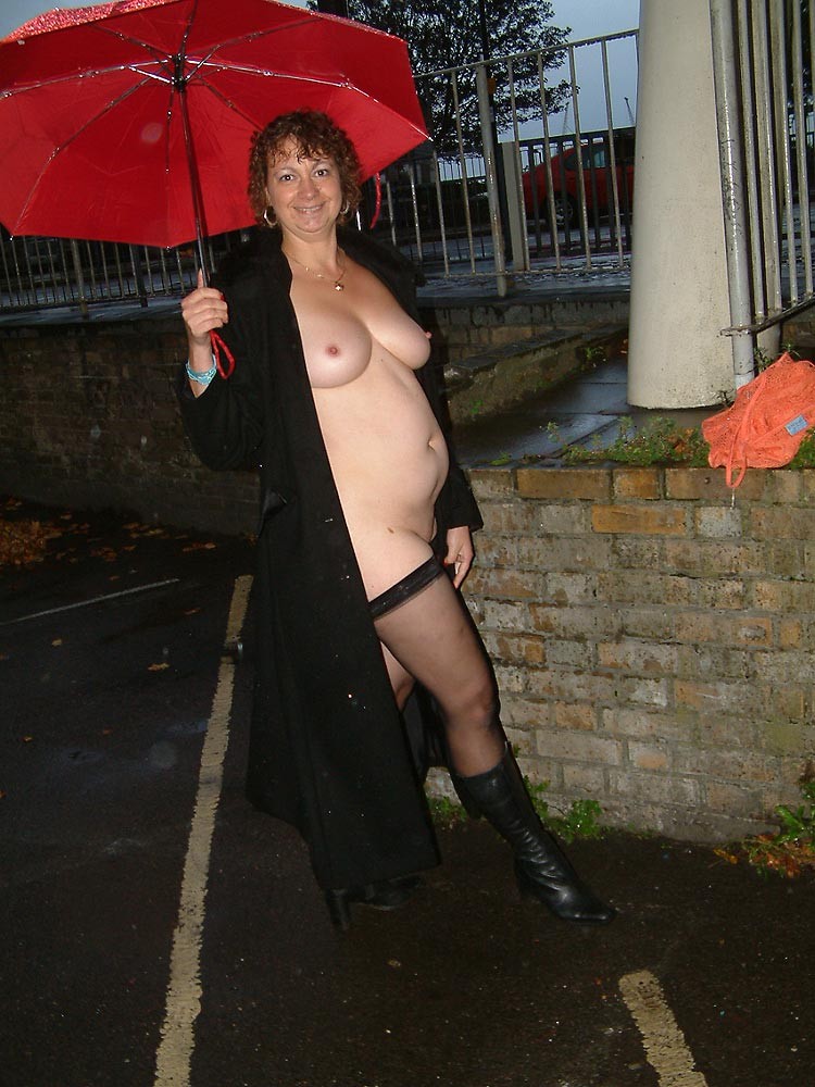 Mature English wife Lyndseys public nudity in rain and flashing outdoors #74633925