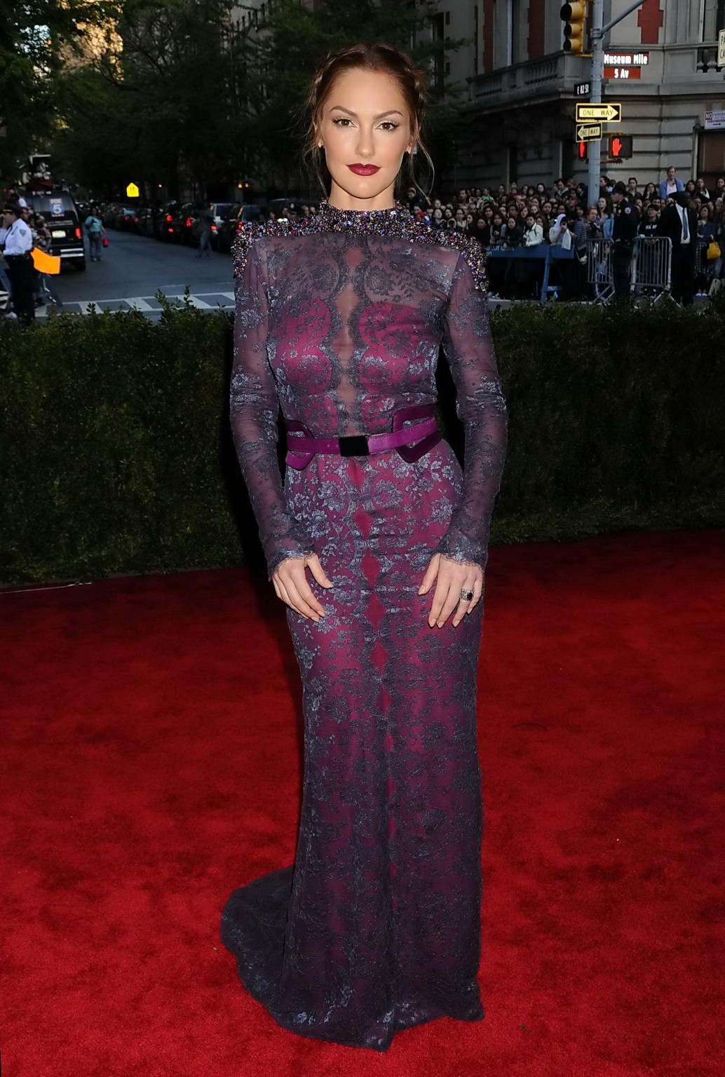 Minka Kelly wearing gorgeous purple transparent maxi dress on 2013 Met Gala at t #75233002