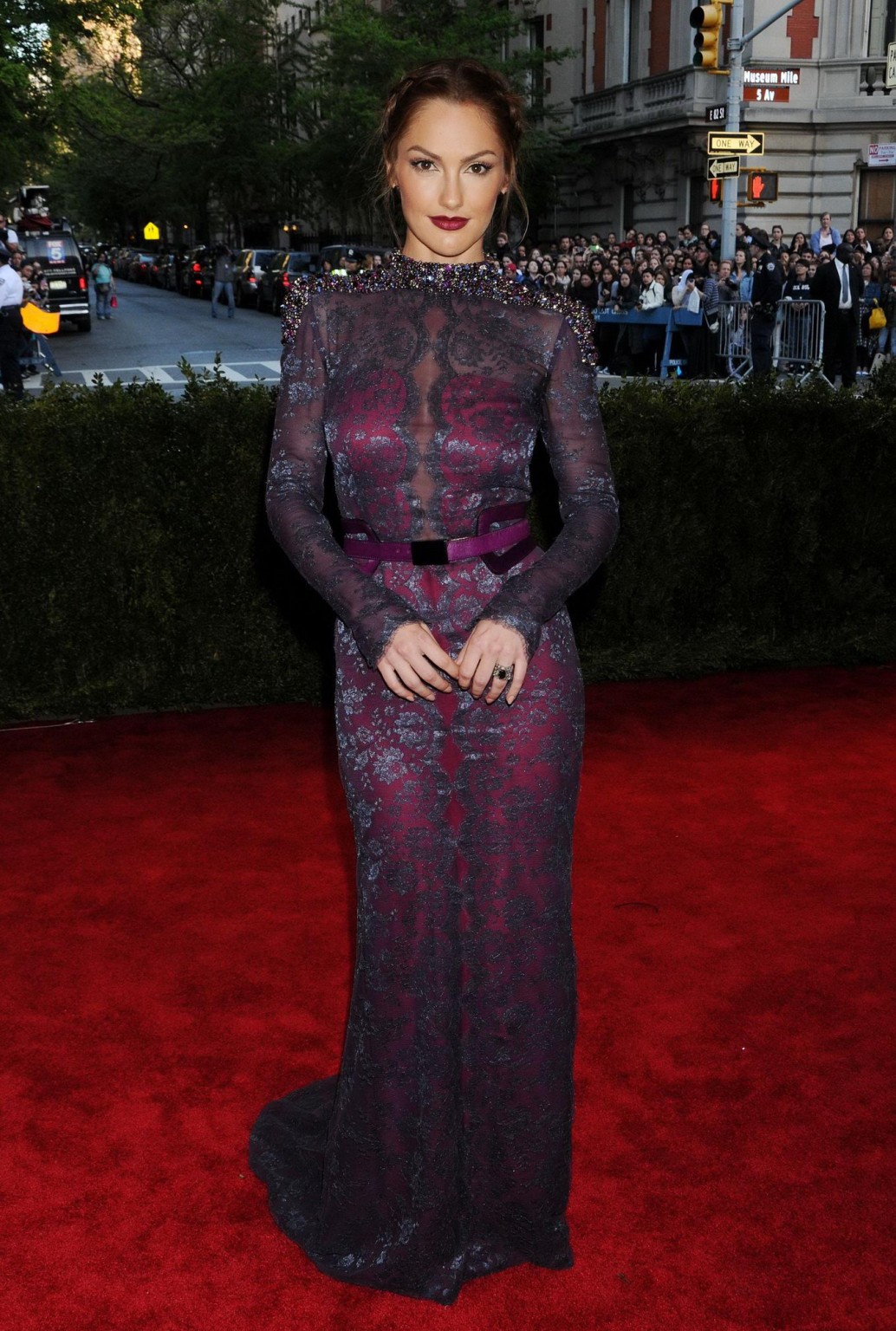 Minka Kelly wearing gorgeous purple transparent maxi dress on 2013 Met Gala at t #75233010