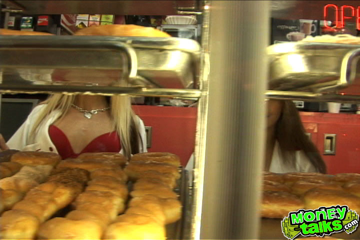 These crazy pics of this hot cashier sucking a cock with a doughnut around it ar #67322420