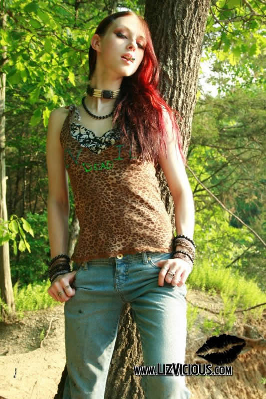 Redhead Goth Chick Liz Vicious Strips In The Woods