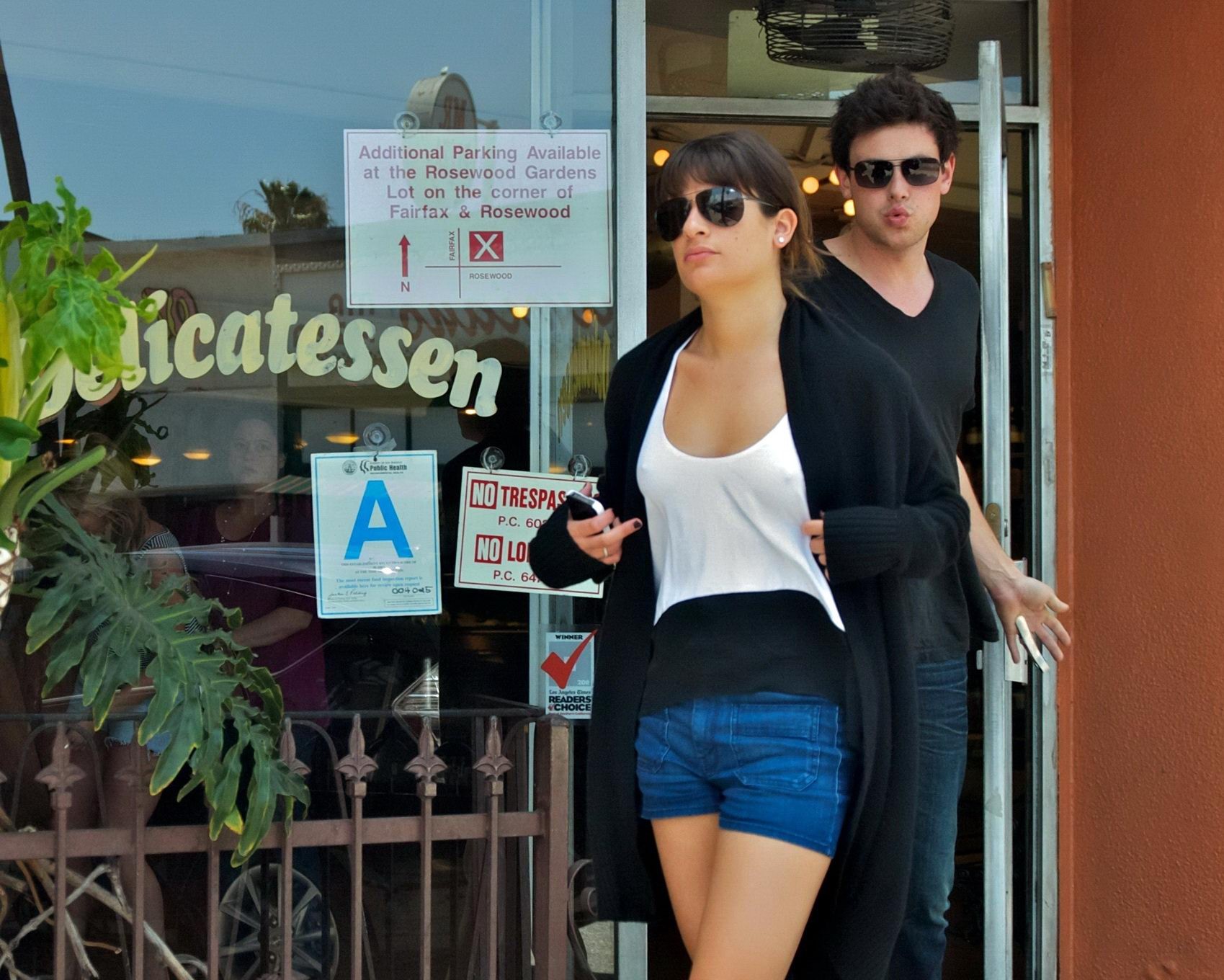 Lea Michele leggy  braless showing pokies at Canter's Deli #75263355