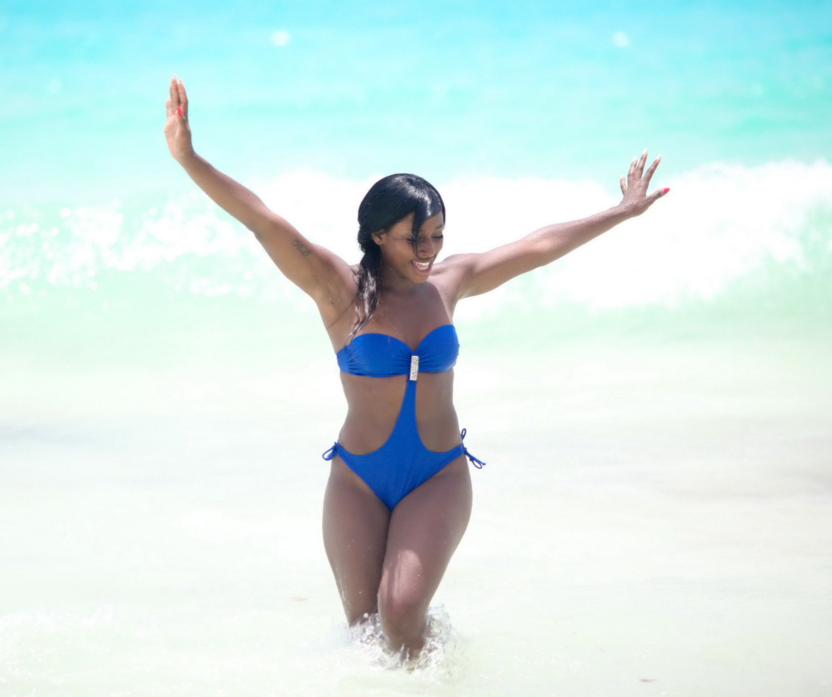 Alexandra Burke wearing sexy blue monokini on a beach in Mexico #75257321