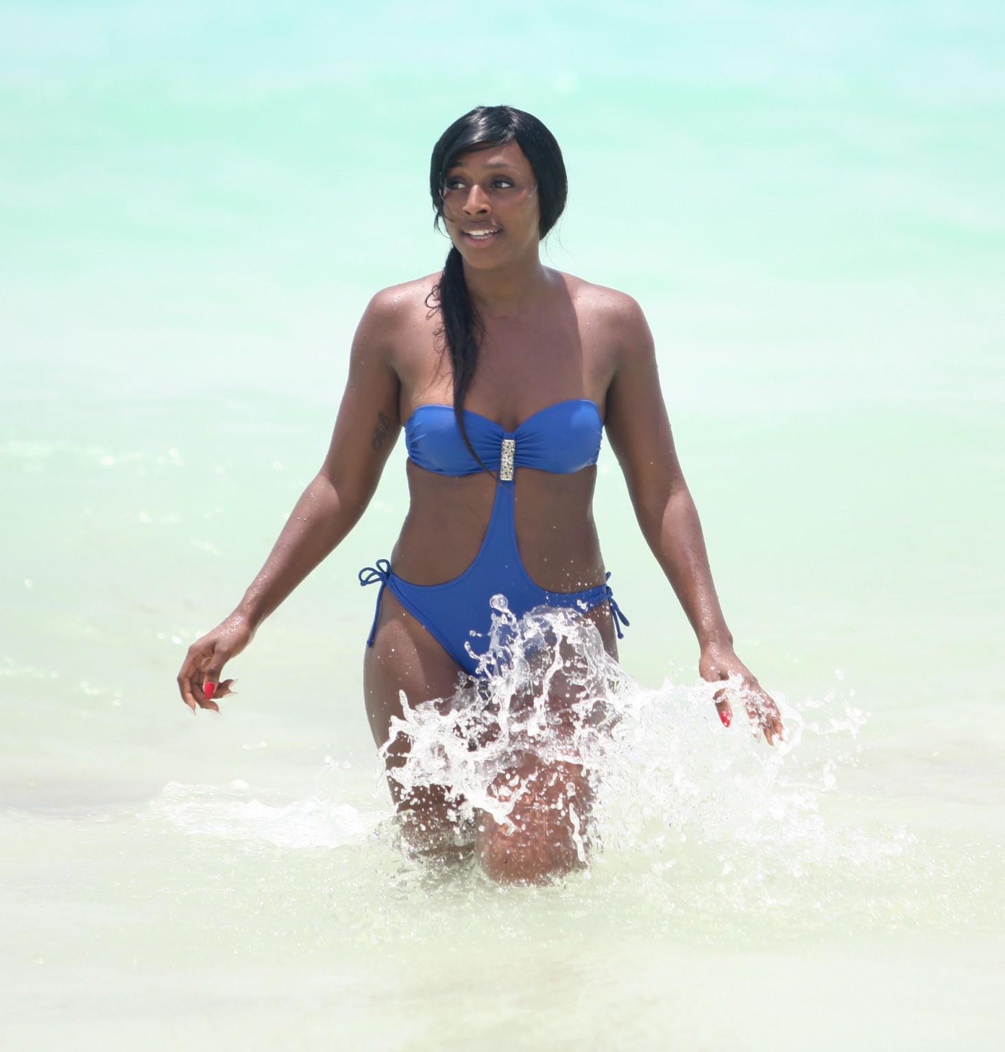 Alexandra Burke wearing sexy blue monokini on a beach in Mexico #75257363