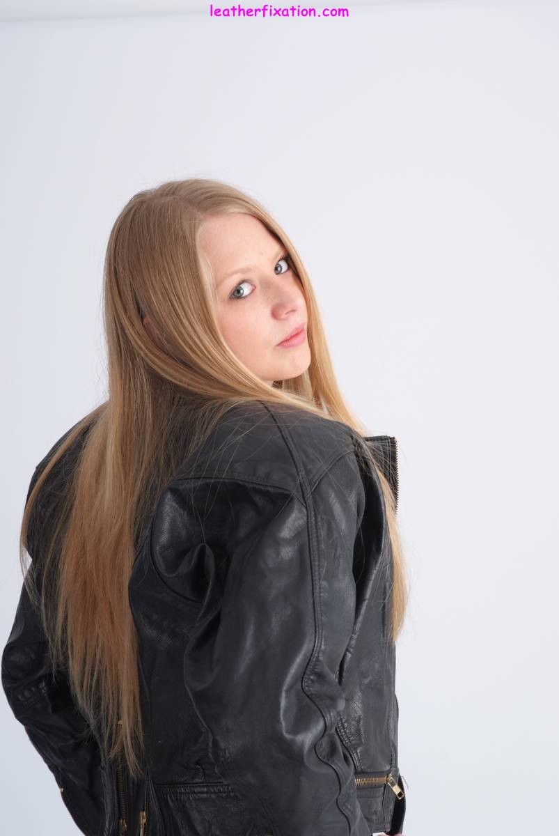 Cute blonde Hayley posing in a sexy leather jacket and a lovely  #71061273