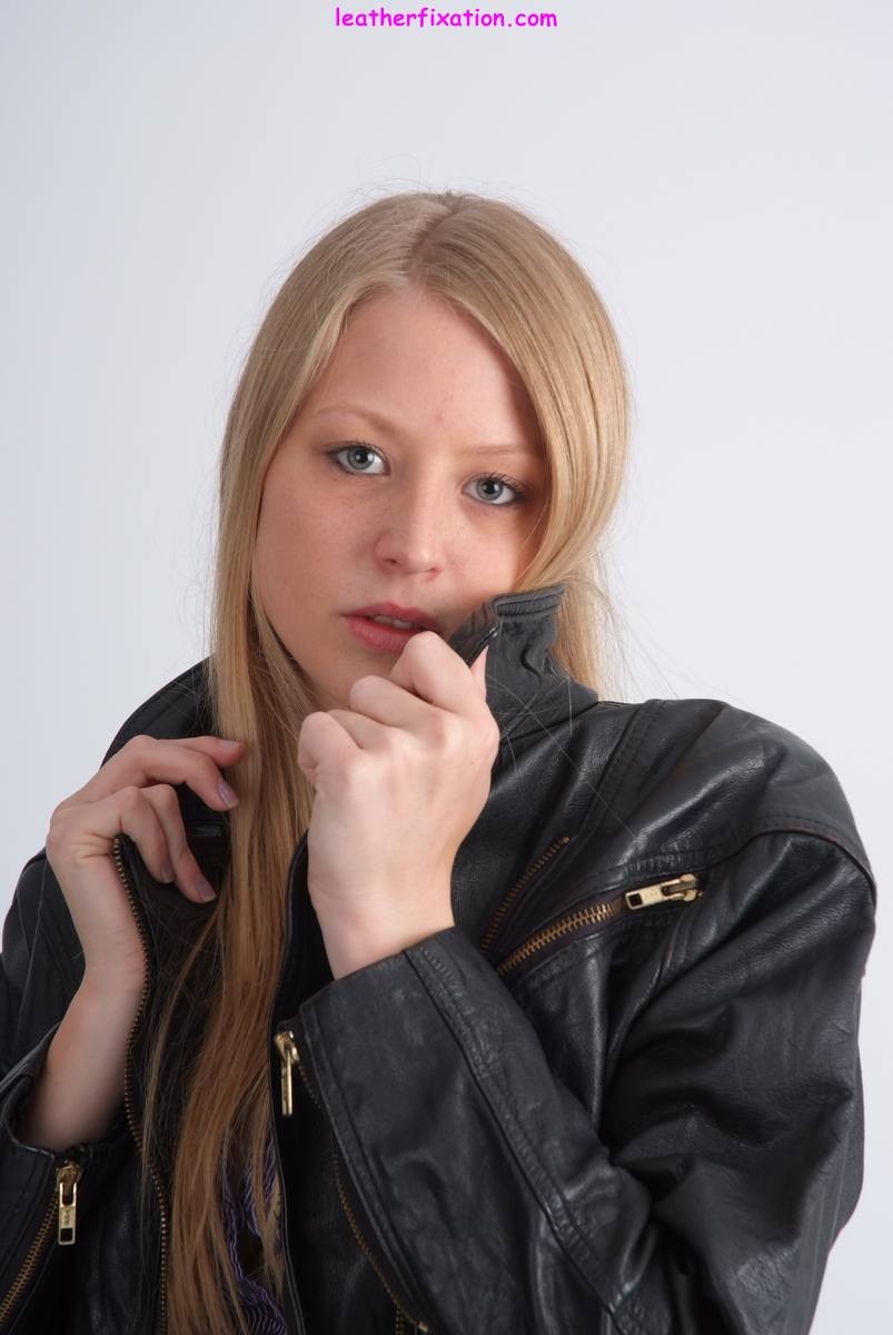 Cute blonde Hayley posing in a sexy leather jacket and a lovely  #71061278