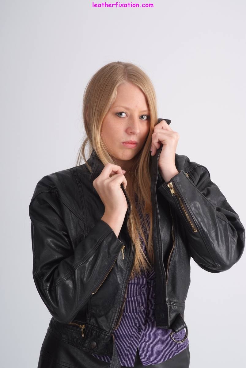 Cute blonde Hayley posing in a sexy leather jacket and a lovely  #71061282