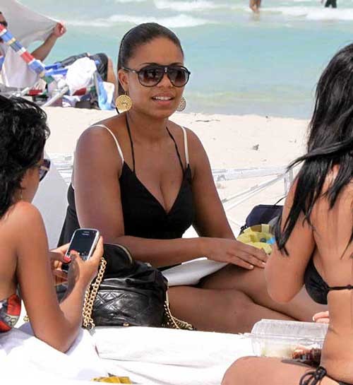 Sanaa Lathan showing her tits and ass in thong on beach paparazzi pictures #75394406