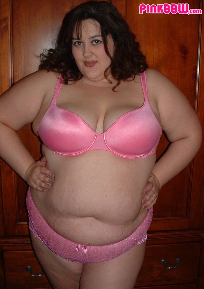 Pretty brunette bbw posing in pink bra and panty #70667635