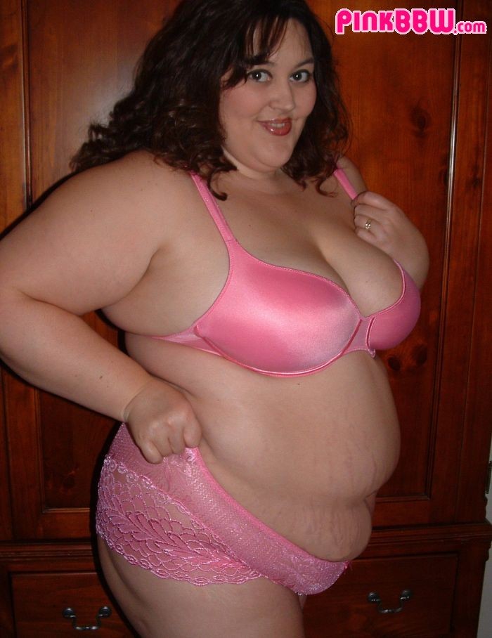 Pretty brunette bbw posing in pink bra and panty #70667640