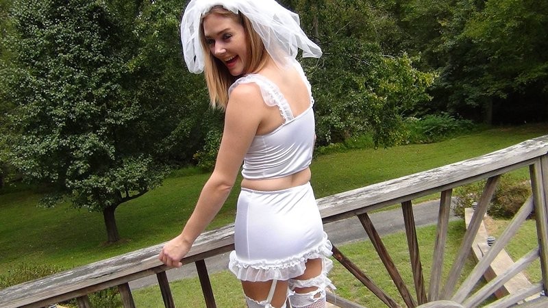 Naughty teen bride in white nylons rubbing her pussy to orgasm outdoors #67364029