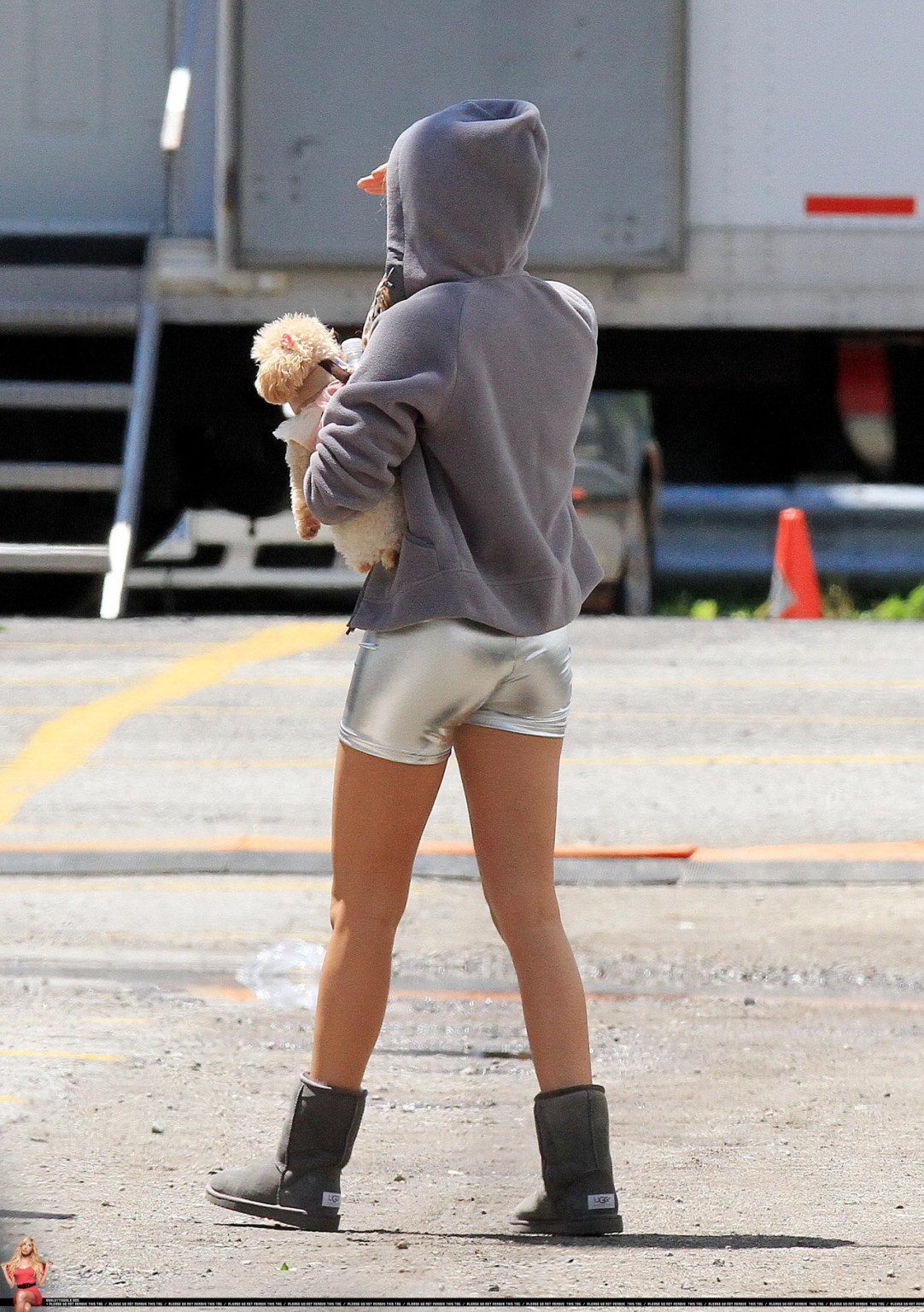 Ashley Tisdale showing cameltoe in tight silver shorts on the set #75346255